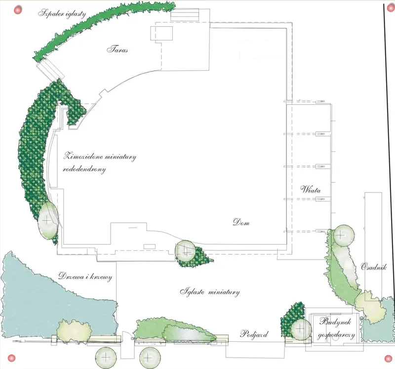 Wizualizacja koncepcyjna ogrodu z rabatami kwiatowymi